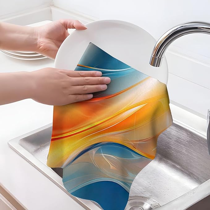 Orange Blue Kitchen Dish Towels Set of 4, Soft Absorbent Marble Decorative Tea - Image 3