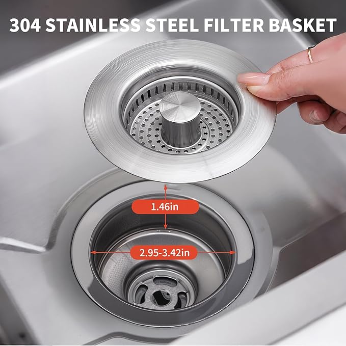 3-in-1 Kitchen Sink Drain Strainer Stopper – 304 Stainless Steel Pop Up Sink - Image 5
