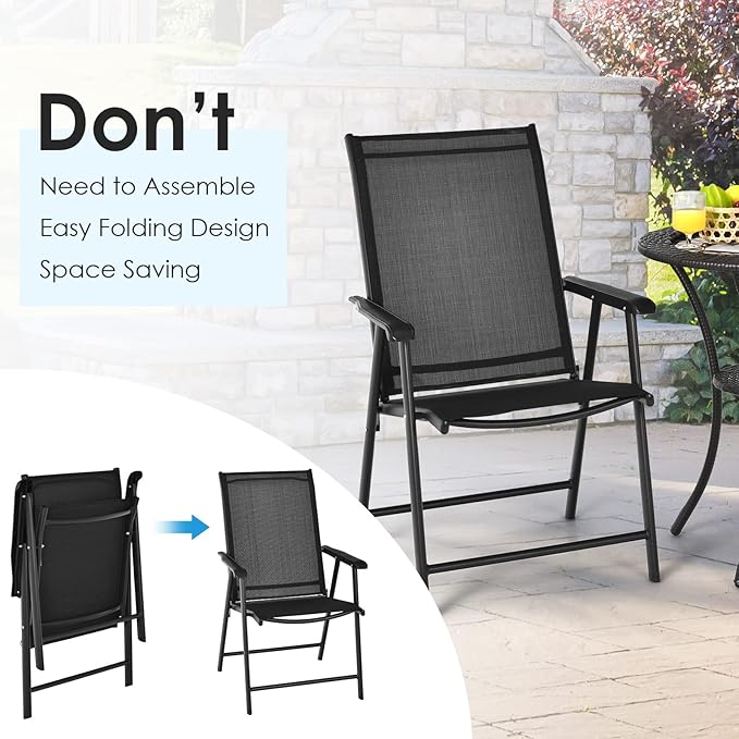 Giantex Set of 2 Patio Folding Chairs, Portable Outdoor Dining Chairs with Armrest for Porch Camping Pool Beach Deck Lawn Garden, Metal Frame, Black - Image 7