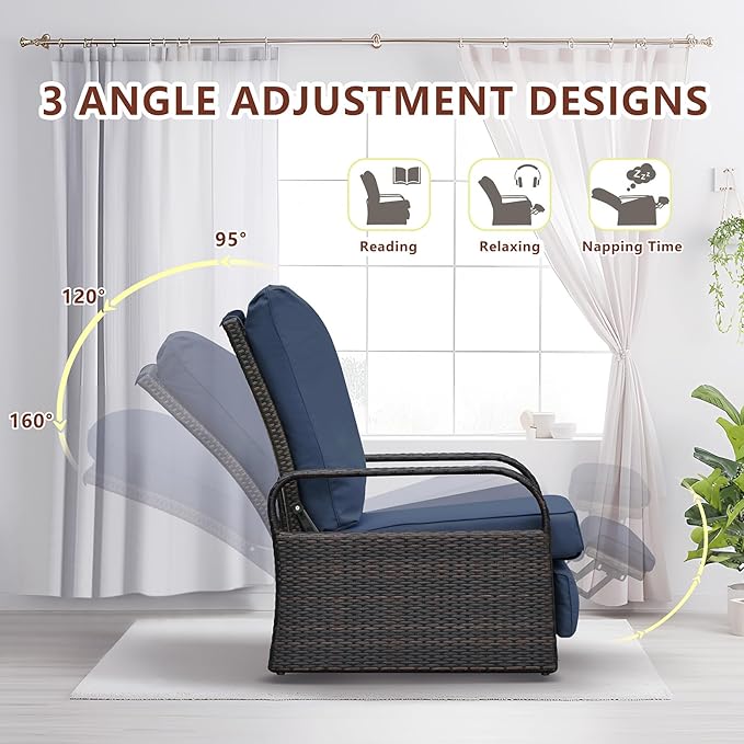 Art to Real Outdoor Wicker Recliner Chair with 5.5'' Cushions, Automatic Adjustable Patio Lounge Chairs, Aluminum Frame Reclining Chair for Lawn Backyard Porch Poolside Deck(Navy Blue) - Image 4