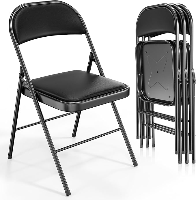 VINGLI 4 Pack Folding Chairs with Padded Seats, Metal Frame with Pu Leather Seat & Back, Capacity 350 lbs, Set of 4, Black by VINGLI