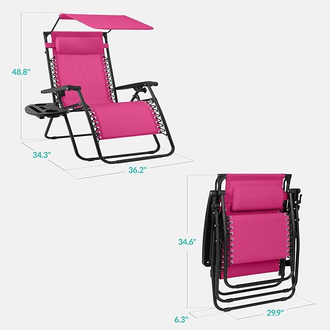 Best Choice Products 30” Wide Folding Zero Gravity Outdoor Recliner Patio Lounge Chair w/Adjustable Canopy Shade, Headrest, Side Accessory Tray - Hot Pink/Black - Image 2