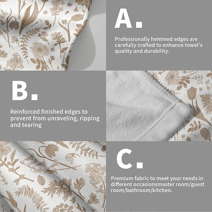 Spring Floral Hand Towels for Bathroom Set of 2 Brown White Flower Leaves - Image 5