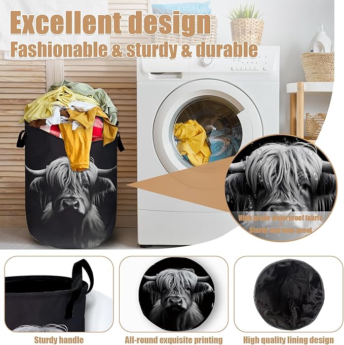Highland Cow Laundry Basket, Foldable Waterproof Black Laundry Hamper Tote Bag - Image 4