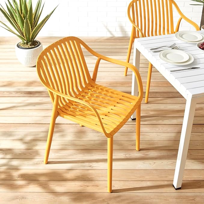 Modern Stackable Outdoor & Indoor Plastic Dining Chairs Set, Armchairs Set, Weather-Resistant, Ideal for Patios, Cafes, and Home Use, Set of 4 (Mustard Yellow) - Image 3