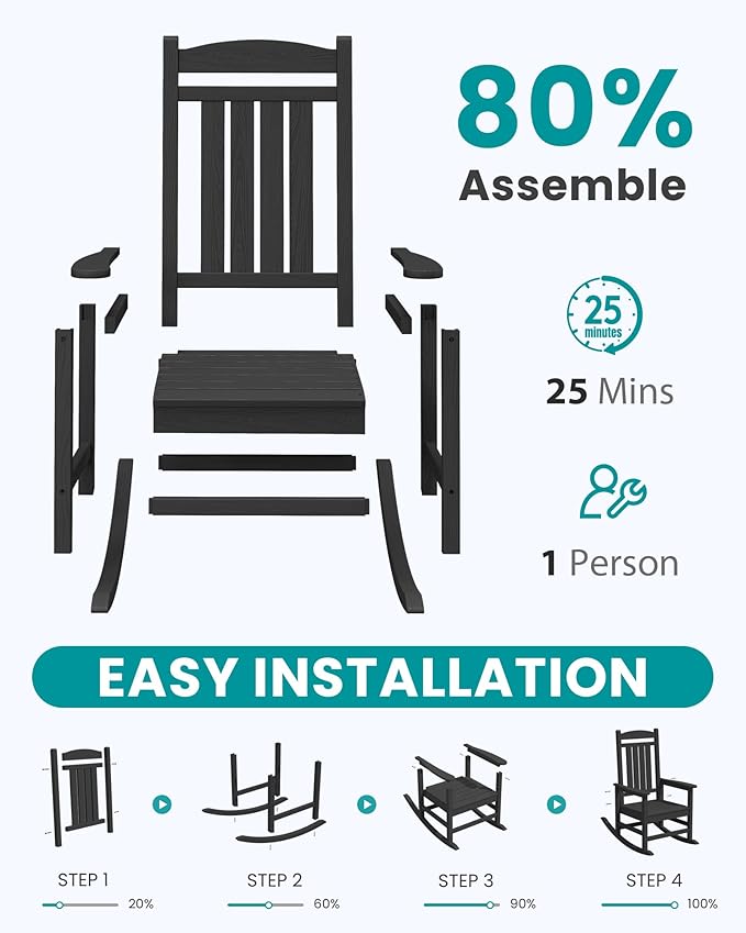 SERWALL Oversized Outdoor Rocking Chair, All-Weather Patio Rocking Chair, HDPE Porch Rocker for Adults, Black - Image 8