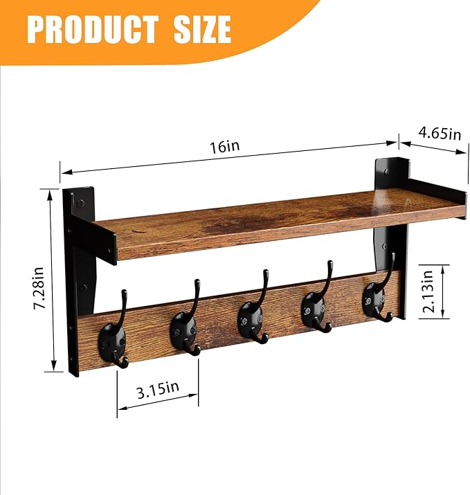 Wall Hooks with Shelf, Wood Coat Rack with Shelf Wall-Mounted, Entryway Hanging - Image 3