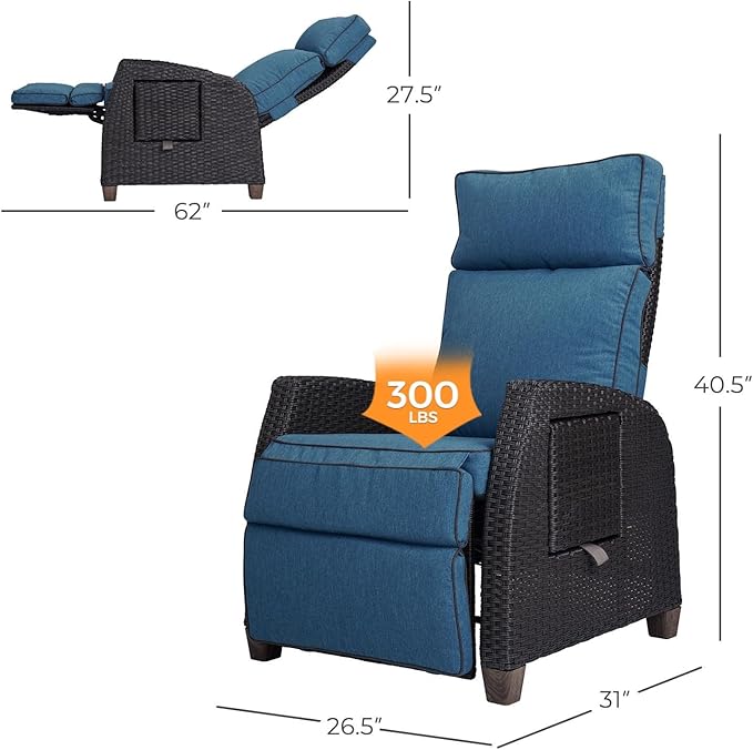 Grand patio Outdoor Reclining Chairs with Extended Footrest 2-Piece Adjustable Patio Wicker Lounge Recliner up to 150° with Flip Side Table Peacock Blue - Image 5