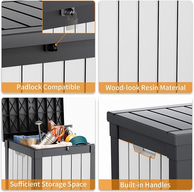 ROJIK Outdoor Storage Housing Deck Box - Waterproof Patio Furniture, Garden Tools, Cushions, Pool Accessories Storage Bench with Lockable Lid and Side Handles (Black & Whiter, 50 Gal) - Image 8