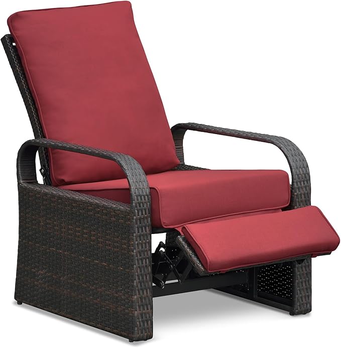 Outdoor Recliner, Outdoor Resin Wicker Patio Recliner Chair with 5.5'' Cushions, Patio Furniture Auto Adjustable Rattan Sofa, UV/Fade/Water/Sweat/Rust Protected, Easy to Assemble (Red) - Image 7