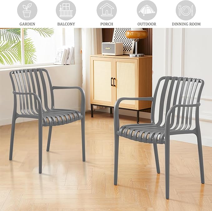 Patio Dining Chairs Set of 4, All-Weather Outdoor and Indoor Stackable Chairs with Curved Back, Waterproof for Patio, Deck, Porch, Backyard, Restaurant & Cafe Use, Grey - Image 5
