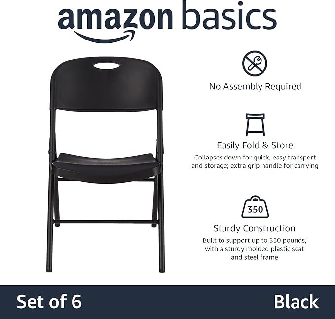 Amazon Basics Sturdy Foldable Plastic Chair, Portable, 350-Pound Capacity, Black, 6-Pack - Image 4