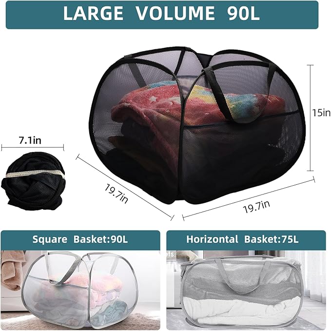 Collapsible Laundry Baskets, 90L Large Foldable Laundry Basket, Durable Mesh - Image 4