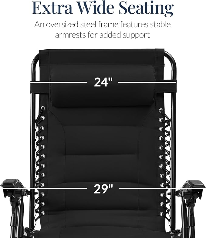 Best Choice Products Oversized Padded Zero Gravity Chair, Folding Outdoor Patio Recliner, XL Anti Gravity Lounger for Backyard w/Headrest, Cup Holder, Side Tray, Polyester Mesh - Black - Image 3