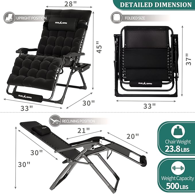 UDPATIO Oversized Zero Gravity Chair 33In XXL Patio Reclining Chair with Cushion, Outdoor Folding Recliner with Pillows|Cup Holder|Foot Rest|Padded Headrest, Black, Support 500LB - Image 6