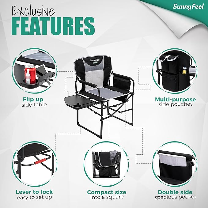 SUNNYFEEL Oversized Camping Directors Chair 500 LBS Heavy Duty, Portable Folding Chair with Side Table, Pocket for Beach, Fishing,Trip,Picnic,Lawn,Concert Outdoor Foldable Camp Chairs - Image 6