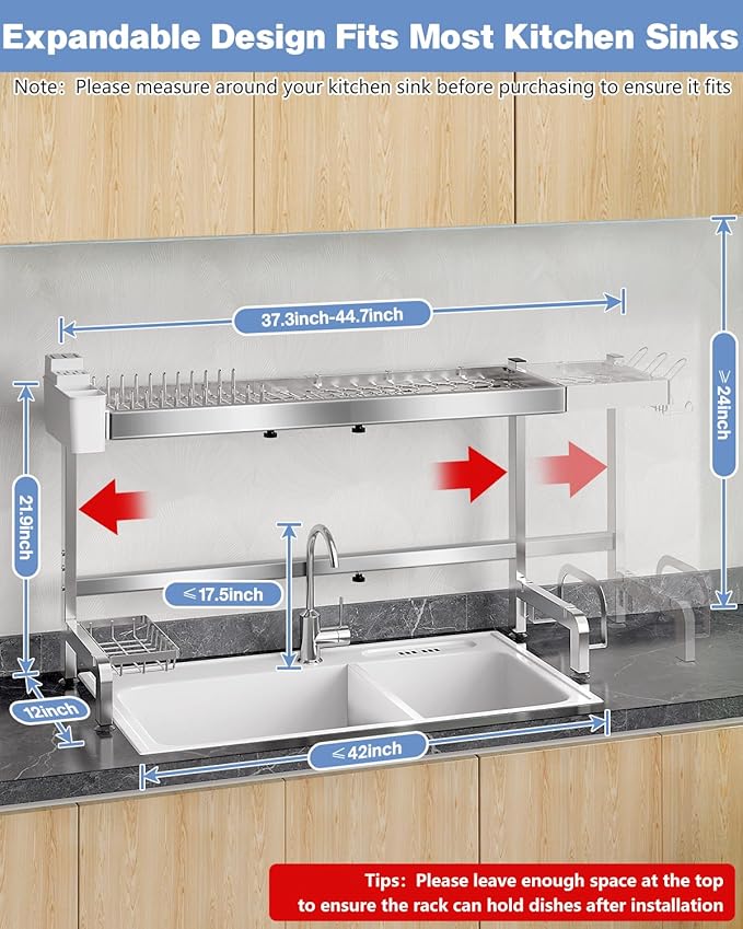 2 Tier Extra Large Over The Sink Dish Drying Rack, Expandable Stainless Steel - Image 2
