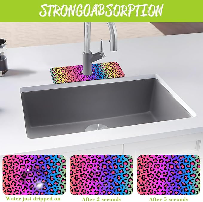 Sink Faucet Absorbing Mat Rainbow Colored Leopard Print Sink Splash Guard - Image 5