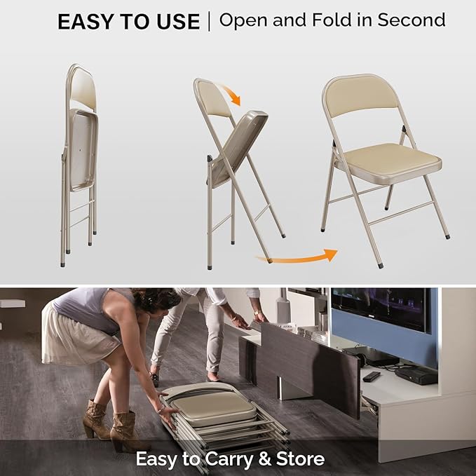 VINGLI 8 Pack Folding Chairs with Padded Seats, Metal Frame with Pu Leather Seat & Back, Capacity 350 lbs, Set of 8, Khaki - Image 6