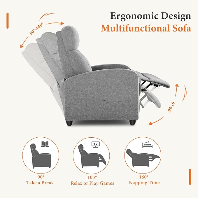 Sweetcrispy Recliner Chair Fabric Recliner Sofa No Massage, Home Theater Seating with Lumbar Support, Adjustable Push Back Overstuffed High-Density Sponge Reclining for Living Room, Slate Gray - Image 6