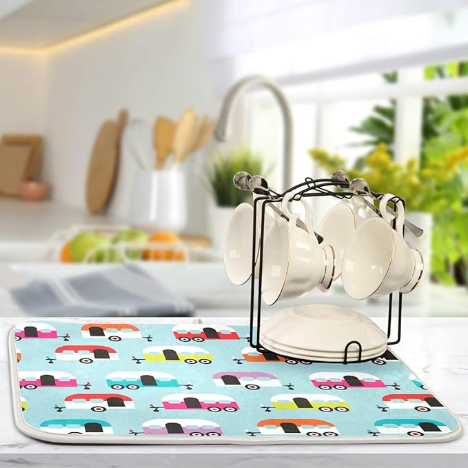 ALAZA Dish Drying Mat, Happy Camper Caravan Super Absorbent Reversible Rack - Image 6