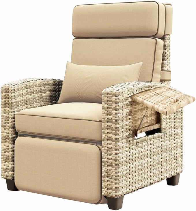 Garvee Outdoor Recliner Chair, 145° Adjustable Backrest & Footrest Lounge Chair with Removable Cushion and Flip-Up Side Table, All-Weather PE Wicker & Steel Frame for Poolside, Deck, Balcony, Khaki by Garvee