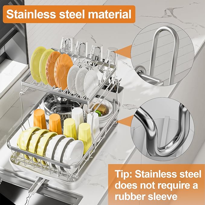 Dish Drying Rack Kitchen 2-Tier 304 Stainless Steel Dish Racks - Image 6