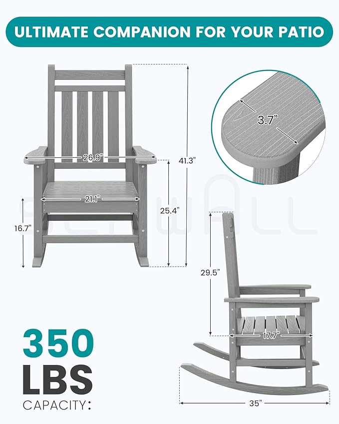 SERWALL Oversized Outdoor Rocking Chair Set of 2, HDPE Rocker for Adults, Patio Rocking Chairs for Porch, Sliver Gray - Image 3