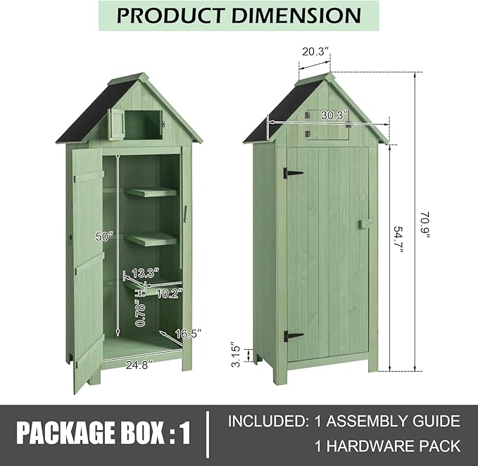 Outvita Outdoor Storage Cabinet, 70in Wooden Vertical Garden Tools Shed, Patio Storage Organizer with Latch & Waterproof Roof for Yard Deck Lawn Farmland Equipment(Green) - Image 6