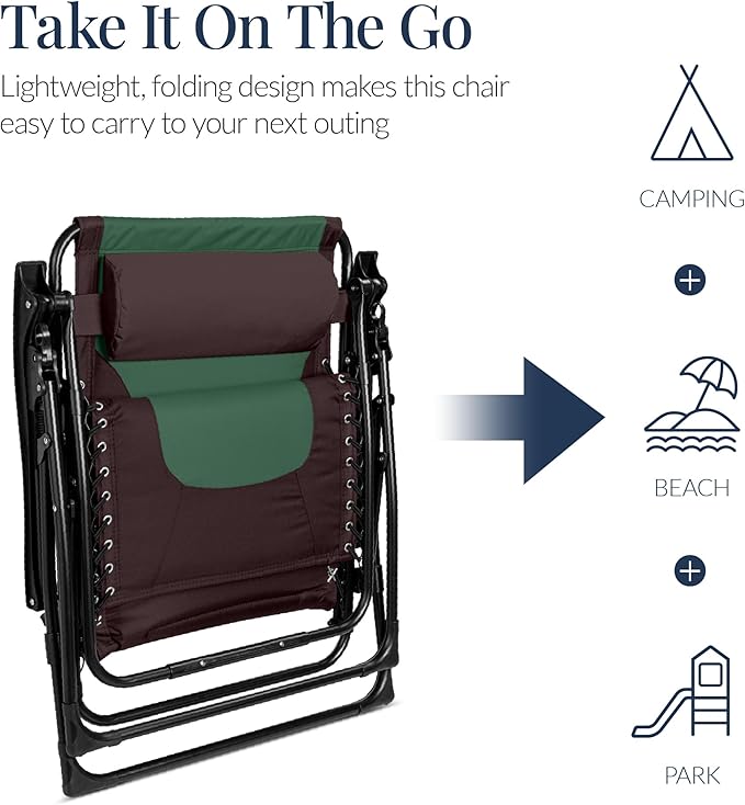 Best Choice Products Oversized Padded Zero Gravity Chair, Folding Outdoor Patio Recliner, XL Anti Gravity Lounger for Backyard w/Headrest, Cup Holder, Side Tray, Polyester Mesh - Espresso/Green - Image 6