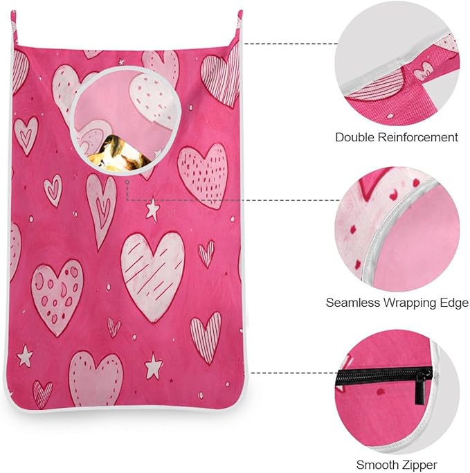 Hot Pink Hearts Stars Hanging Laundry Hamper Door Hampers Bag Basket - Image 5