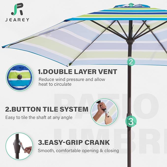 JEAREY 7.5FT Patio Umbrella Market Table Umbrella with 6 Sturdy Ribs, Push Button Tilt/Crank Outdoor Umbrella for Garden, Deck, Backyard, Pool and Beach,Bold Blue-Green Stripe - Image 5