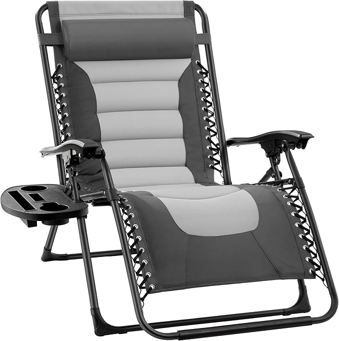 Best Choice Products Oversized Padded Zero Gravity Chair, Folding Outdoor Patio Recliner, XL Anti Gravity Lounger for Backyard w/Headrest, Cup Holder, Side Tray, Polyester Mesh - Gray/Light Gray by BestChoiceProducts