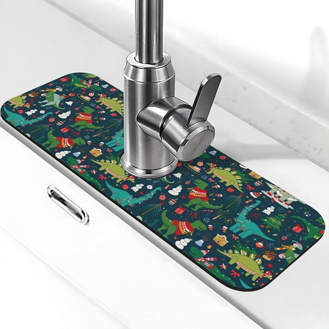 Christmas Dinosaur Tree Xmas Green Kitchen Sink Splash Guard Faucet Mat 1 Pcs by WILL+BUDXEG