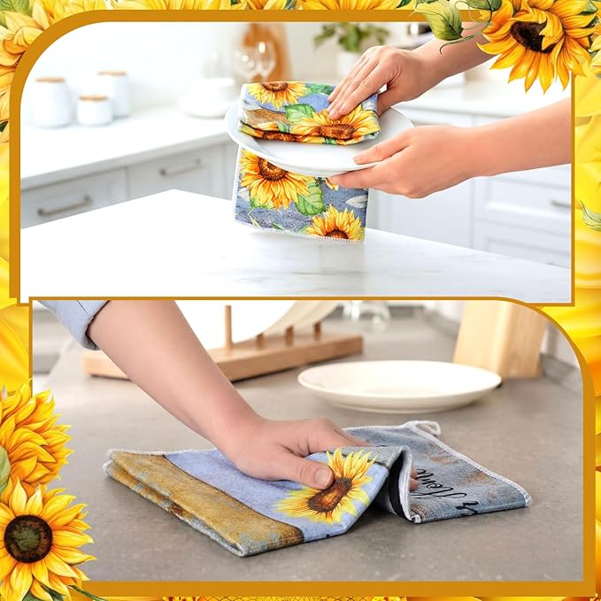 Bencailor 4 Pcs Sunflower Kitchen Towels Farmhouse Wood Grain Hand Dish Towels - Image 2