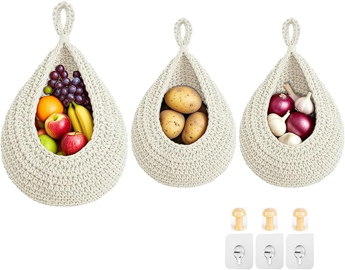 Hanging Fruit Baskets for Kitchen, 3 Pack Boho Cotton Rope Handwoven Vegetable by Unknown