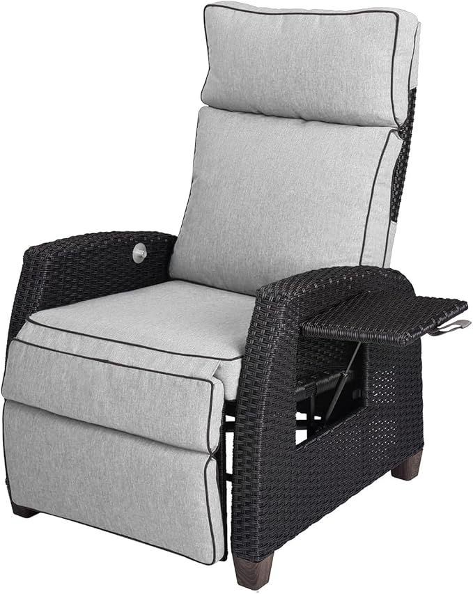 Grand patio Outdoor Recliner Chair Patio 150° Lay Flat Recliner with Flip Table Wicker Reclining Lounge Chair, Griege - Image 8