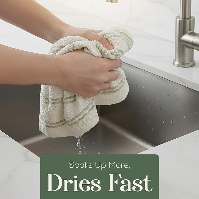 MosJos Kitchen Towels, Cotton Hand Towels, Sage Green and Cream Ribbed - Image 3