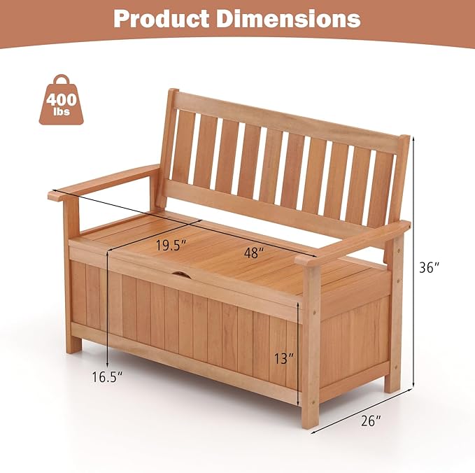 Tangkula 48 Inch Outdoor Wood Storage Bench Deck Box, Wooden Storage Loveseat with 34.2 Gal Inner Space, Entryway Bench Deck Box with Slatted Backrest, Storage Seat for Garden, Lawn, Balcony & Porch - Image 3