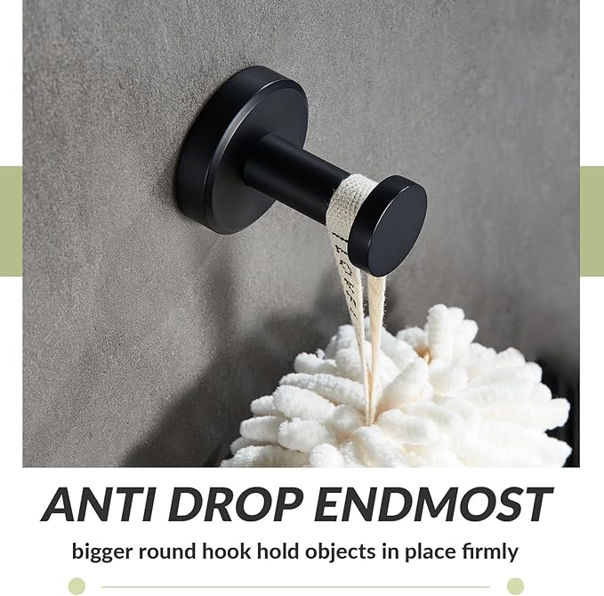 APLusee Matte Black Robe Towel Hook, 304 Stainless Steel Round Coat Hook - Image 6