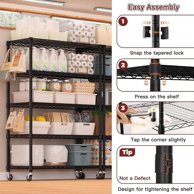 Xcity Storage Shelves, 5 Tier Heavy Duty Metal Shelving Unit with Wheels, 2000 LBS Capacity Adjustable Steel Wire Shelf Organizer for Pantry, Kitchen, Garage, 18" D x 36" W x 72" H, Black - Image 3