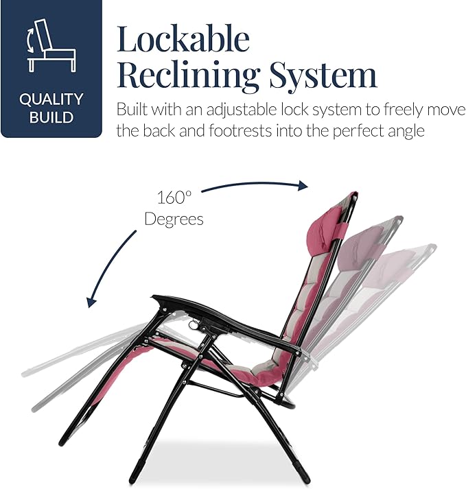 Best Choice Products Oversized Padded Zero Gravity Chair, Folding Outdoor Patio Recliner, XL Anti Gravity Lounger for Backyard w/Headrest, Cup Holder, Side Tray, Polyester Mesh - Pink/Taupe - Image 8