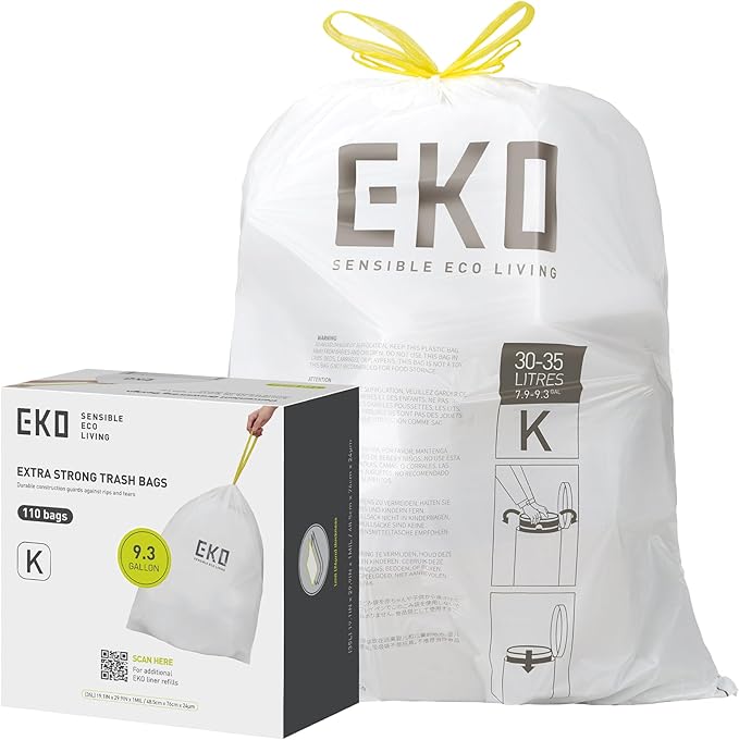 EKO 9.3 Gallon / 30–35 Liter Drawstring Trash Bags, Extra-Strong Leak-Resistant by EKO