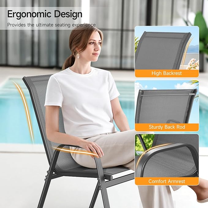 ONBRILL Patio Chairs set of 4, Easy Assembly Stackable Outdoor Dining Chairs with Wide Seat and Sturdy Metal Frame, Breathable All Weather Textilene Outdoor Chairs Set of 4 for Deck, Pool, Porch, Grey - Image 7