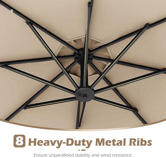 Tangkula 10ft Solar LED Patio Umbrella with Base, Offset Cantilever Outdoor Umbrella with 32 LED Lights, Infinite Tilt, 360 Degree Rotation, Crank Handle for Pool Deck Garden Backyard (Beige) - Image 9