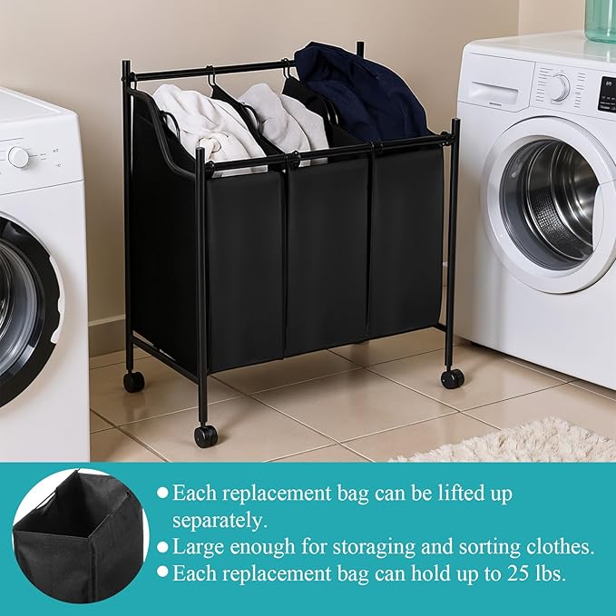 3 Pcs Black Hypotenuse Laundry Sorter Replacement Bags Hamper Cart Removable - Image 2