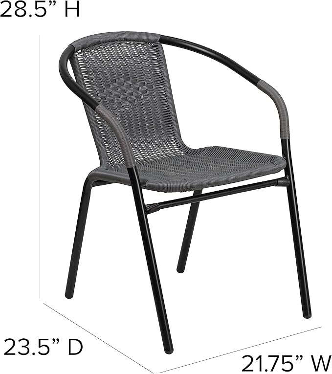 EMMA + OLIVER Set of 2 Modern Rattan Indoor/Outdoor Stack Chairs, Stacking Rattan Patio Chairs with Curved Back and Cross Bracing, Gray - Image 2