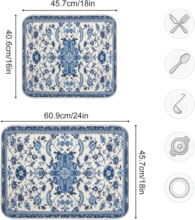 Dish Drying Mat Kitchen Counter Absorbent Blue and White Pattern Coffee Sink - Image 3