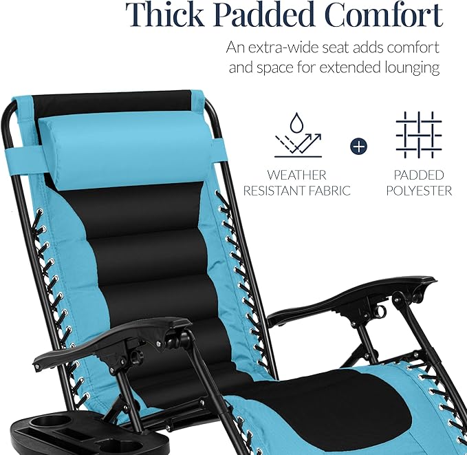 Best Choice Products Oversized Padded Zero Gravity Chair, Folding Outdoor Patio Recliner, XL Anti Gravity Lounger for Backyard w/Headrest, Cup Holder, Side Tray, Polyester Mesh - Light Blue/Black - Image 5