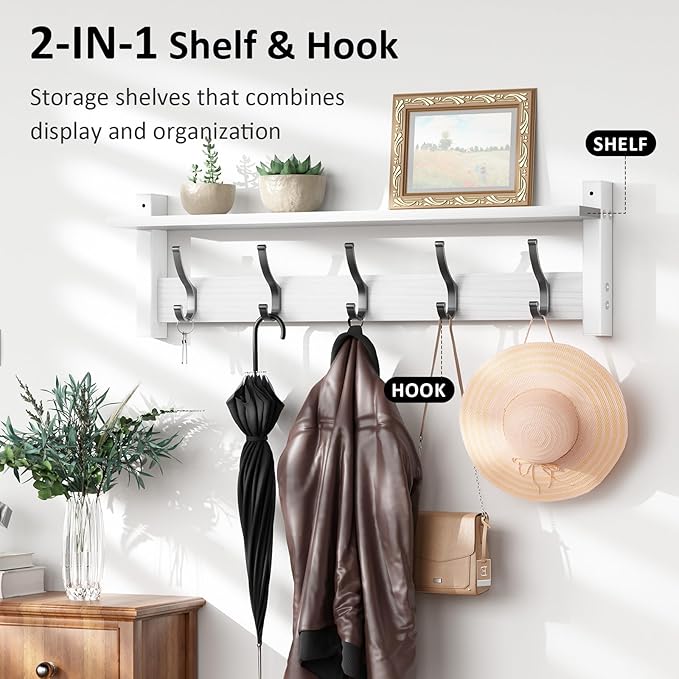 Coat Rack Wall Mount with Shelf, 24 Inch Coat Hanger Walls Mounted, Hat Rack - Image 4